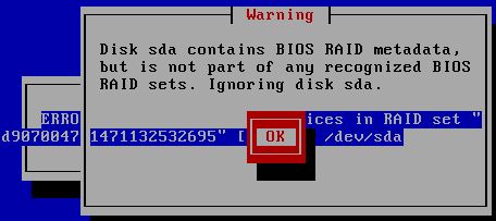 安装CentOS 6.x报错"Disk sda contains BIOS RAID metadata"解决方法