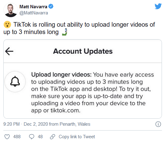 TikTok正在向所有人推出更长时间的视频 最长可达3分钟