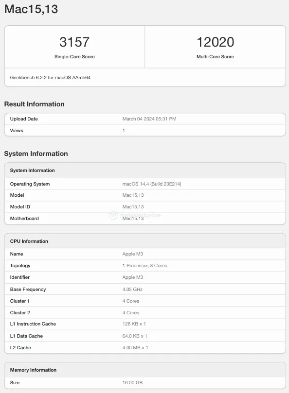 苹果最强轻薄本!M3版MacBook Air跑分出炉